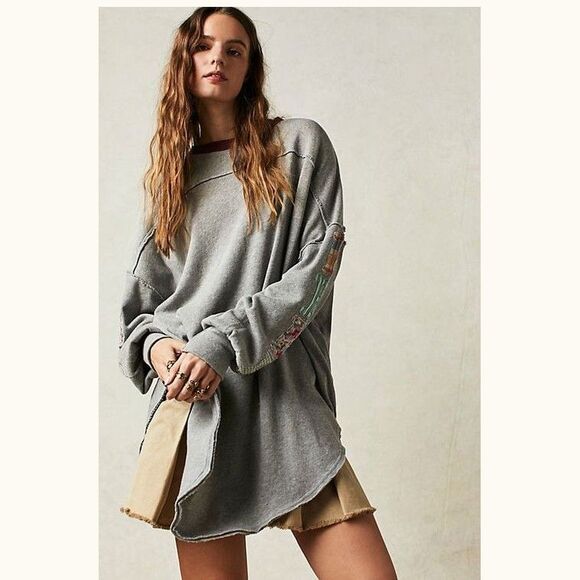 Free People We The Free Tee Tunic Top Floral Patch Cotton Pullover S New 283044 - Picture 1 of 8